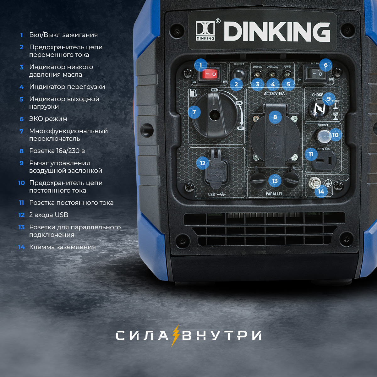 Генератор бензиновый инверторный Dinking DK2000i (2 кВт, 230В/50Гц, DK148, бак 4л.)