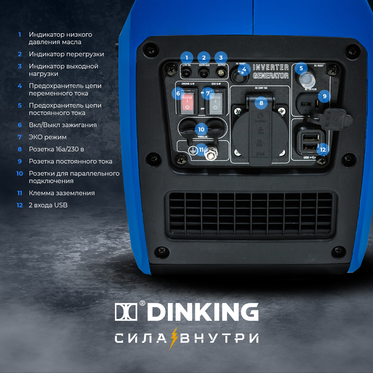 Генератор бензиновый инверторный Dinking DK2000i (2 кВт, 230В/50Гц, DK148, бак 4л.)